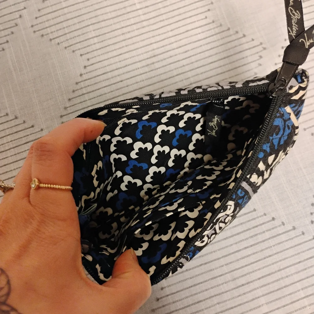 Vera Bradley Black and Blue Patterned Wristlet Removable Strap Two Main Pockets
